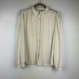 Love Youkki Feminine Lace Detail Ivory Button Up Blouse, Estimated Size Medium